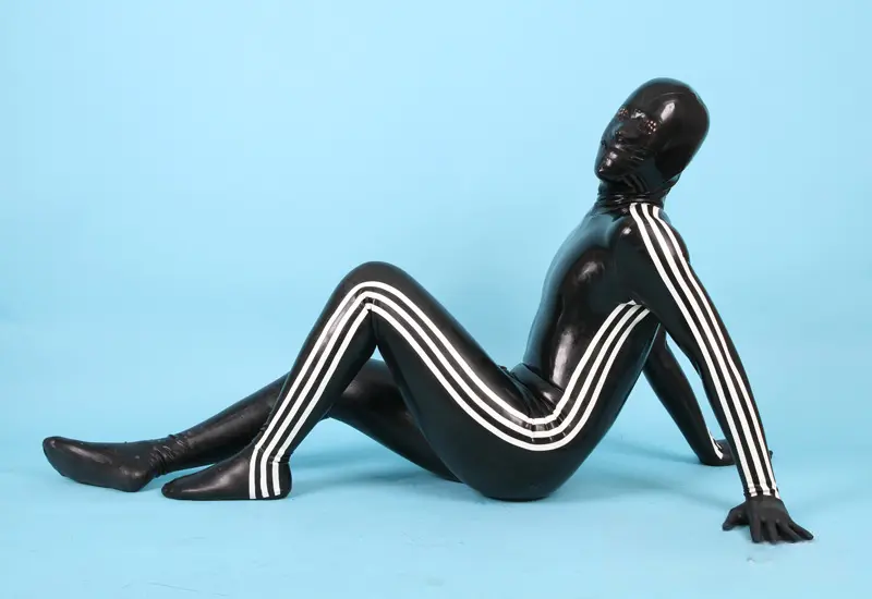 Latex Mens 3-Striped Catsuit With Gloves & Feet Latex Mens 3-Striped Catsuit With Gloves & Feet
