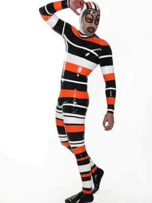 Latex Mens Candystripe Hooded Catsuit with Feet Latex Mens Candystripe Hooded Catsuit with Feet