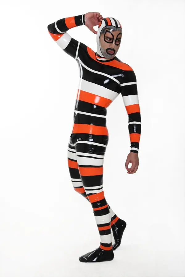 Latex Mens Candystripe Hooded Catsuit with Feet Latex Mens Candystripe Hooded Catsuit with Feet