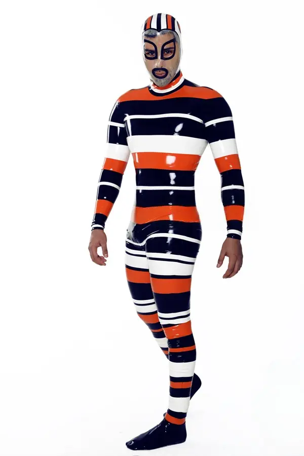 Latex Mens Candystripe Hooded Catsuit with Feet Latex Mens Candystripe Hooded Catsuit with Feet