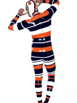 Latex Mens Candystripe Hooded Catsuit with Feet Latex Mens Candystripe Hooded Catsuit with Feet