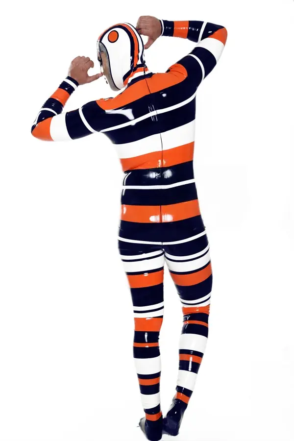 Latex Mens Candystripe Hooded Catsuit with Feet Latex Mens Candystripe Hooded Catsuit with Feet