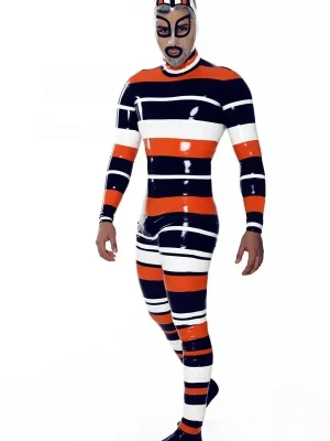 Latex Mens Candystripe Hooded Catsuit with Feet Latex Mens Candystripe Hooded Catsuit with Feet