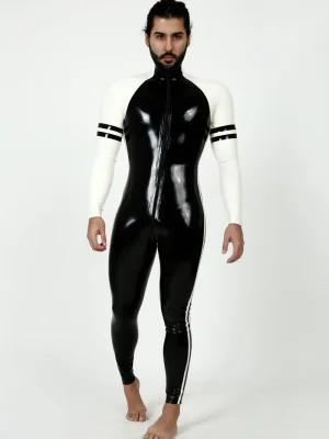 Latex Mens Collegiate Twin-Striped Front Zipper Raglan-Sleeved Catsuit Latex Mens Collegiate Twin-Striped Front Zipper Raglan-Sleeved Catsuit