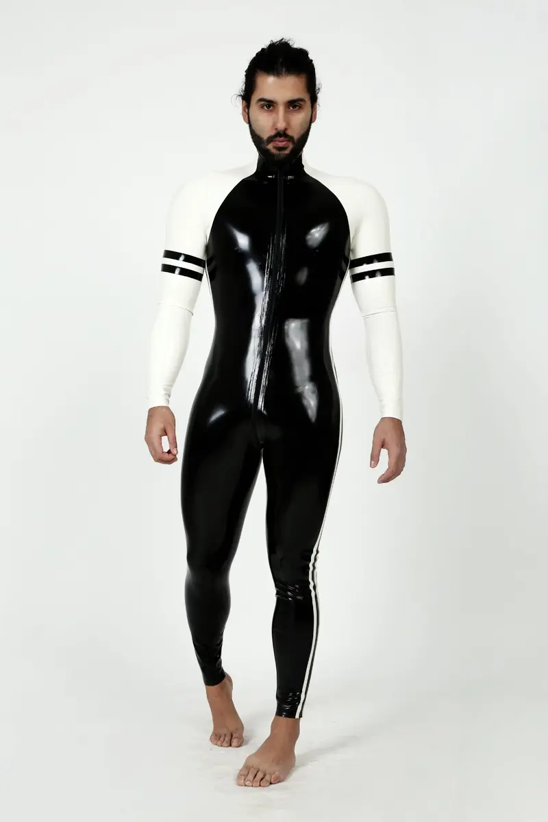 Latex Mens Collegiate Twin-Striped Front Zipper Raglan-Sleeved Catsuit Latex Mens Collegiate Twin-Striped Front Zipper Raglan-Sleeved Catsuit