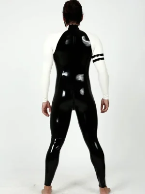 Latex Mens Collegiate Twin-Striped Front Zipper Raglan-Sleeved Catsuit Latex Mens Collegiate Twin-Striped Front Zipper Raglan-Sleeved Catsuit