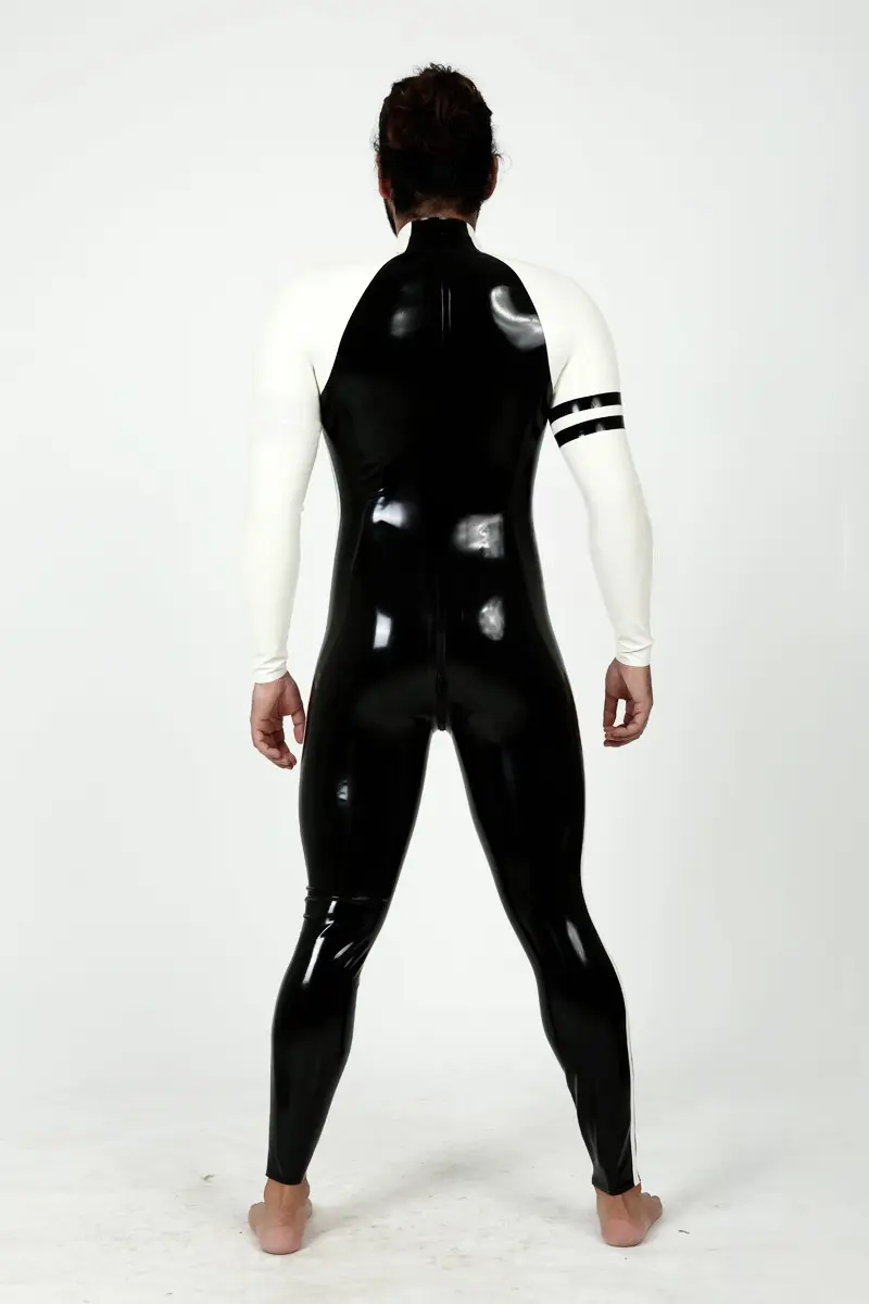 Latex Mens Collegiate Twin-Striped Front Zipper Raglan-Sleeved Catsuit Latex Mens Collegiate Twin-Striped Front Zipper Raglan-Sleeved Catsuit