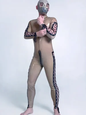 Latex Mens Diamond Lacing Back Zipper Catsuit