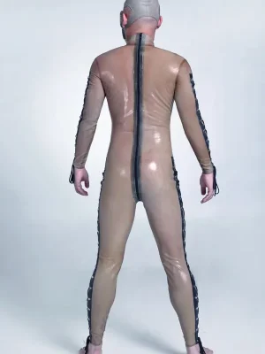 Latex Mens Diamond Lacing Back Zipper Catsuit