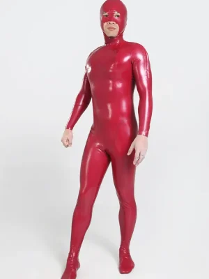 Latex Mens Double D Shoulder Zipper Catsuit with Feet & Separate Hood Latex Mens Double D Shoulder Zipper Catsuit with Feet & Separate Hood