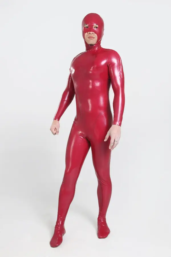 Latex Mens Double D Shoulder Zipper Catsuit with Feet & Separate Hood Latex Mens Double D Shoulder Zipper Catsuit with Feet & Separate Hood