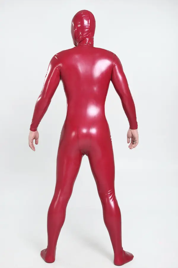 Latex Mens Double D Shoulder Zipper Catsuit with Feet & Separate Hood Latex Mens Double D Shoulder Zipper Catsuit with Feet & Separate Hood