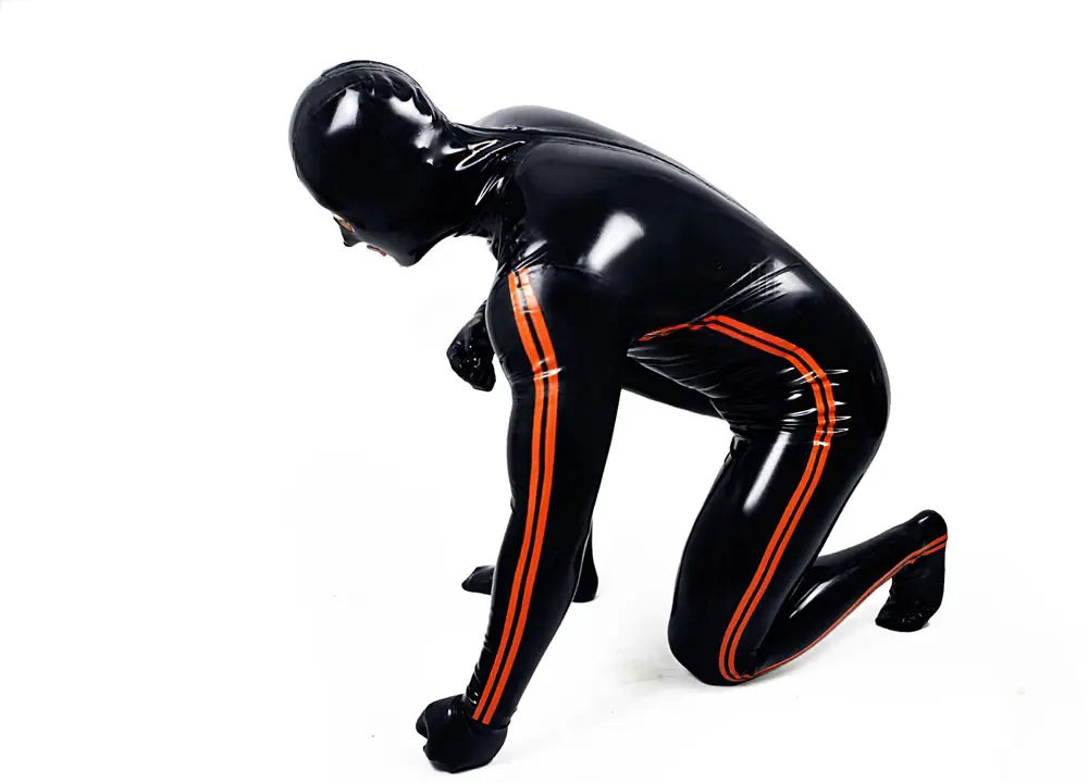Latex Mens Double-Stripe Nipple Zip Total Cover Gimp Catsuit Latex Mens Double-Stripe Nipple Zip Total Cover Gimp Catsuit