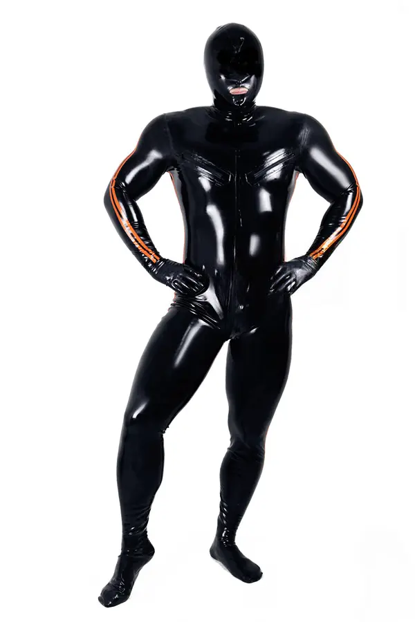 Latex Mens Double-Stripe Nipple Zip Total Cover Gimp Catsuit Latex Mens Double-Stripe Nipple Zip Total Cover Gimp Catsuit