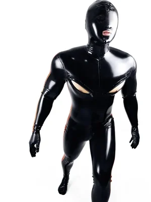 Latex Mens Double-Stripe Nipple Zip Total Cover Gimp Catsuit Latex Mens Double-Stripe Nipple Zip Total Cover Gimp Catsuit