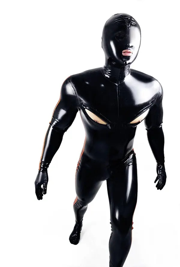 Latex Mens Double-Stripe Nipple Zip Total Cover Gimp Catsuit Latex Mens Double-Stripe Nipple Zip Total Cover Gimp Catsuit
