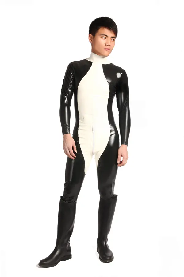 Latex Mens Ebony-Ivory Back Zipper Catsuit Latex Mens Ebony-Ivory Back Zipper Catsuit