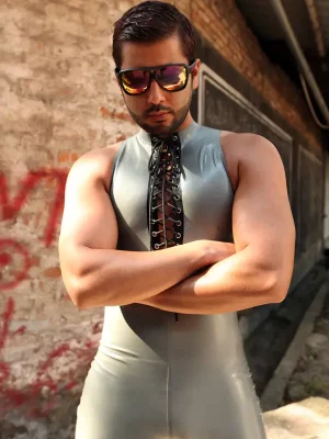 Latex Mens Laced-Front Sleeveless Catsuit Latex Mens Laced-Front Sleeveless Catsuit