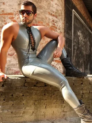 Latex Mens Laced-Front Sleeveless Catsuit