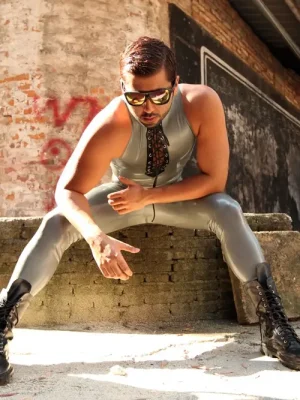 Latex Mens Laced-Front Sleeveless Catsuit