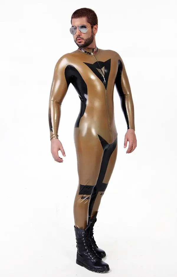 Latex Mens Metallic Gold & Black Brand Name MotoGP Biker Suit Catsuit Latex Mens Metallic Gold & Black Brand Name MotoGP Biker Suit Catsuit