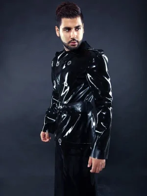 Latex Mens Military Style Full-Length Double-Breasted Trench Coat