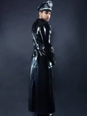 Latex Mens Military Style Full-Length Double-Breasted Trench Coat