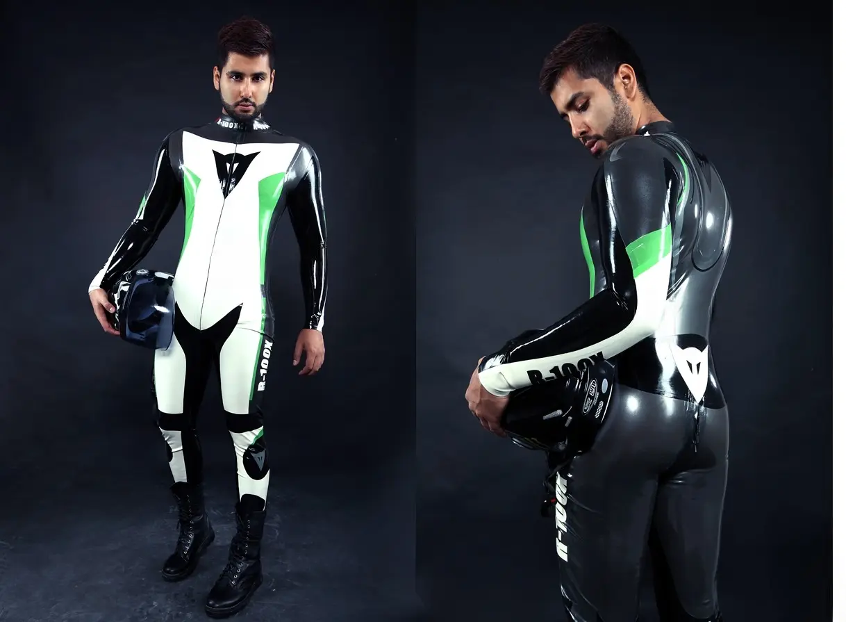 Latex Mens R-100X Branding MotoGP Biker Catsuit Model E Latex Mens R-100X Branding MotoGP Biker Catsuit Model E