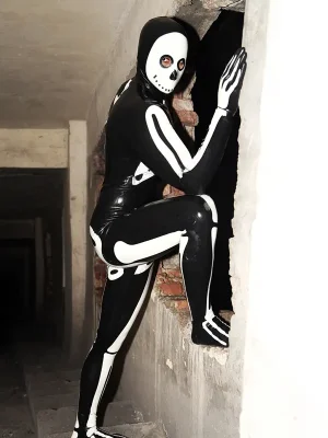 Latex Mens Scary Skeleton Total Body Catsuit