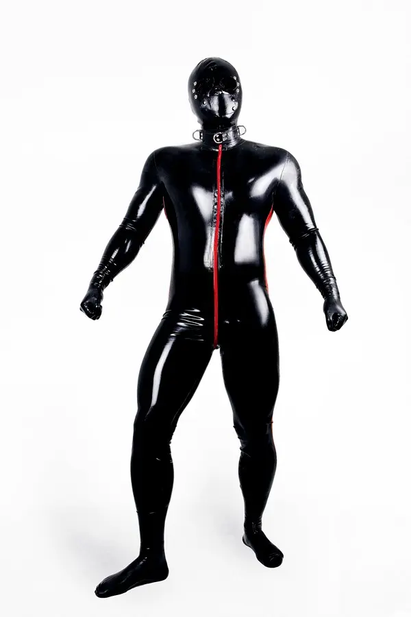 Latex Mens Side-Striped Front-Zipper Catsuit Latex Mens Side-Striped Front-Zipper Catsuit