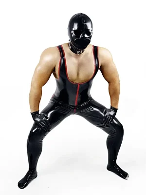 Latex Mens Singlet-Top Striped Catsuit with Feet Latex Mens Singlet-Top Striped Catsuit with Feet