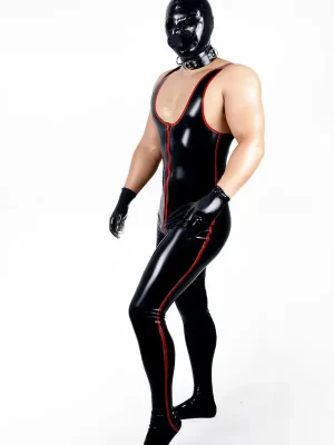 Latex Mens Singlet-Top Striped Catsuit with Feet Latex Mens Singlet-Top Striped Catsuit with Feet