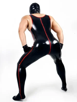 Latex Mens Singlet-Top Striped Catsuit with Feet Latex Mens Singlet-Top Striped Catsuit with Feet