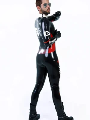 Latex Mens Smart Biker Brand Name Shoulder-Zipper Catsuit