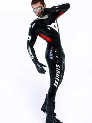 Latex Mens Smart Biker Brand Name Shoulder-Zipper Catsuit