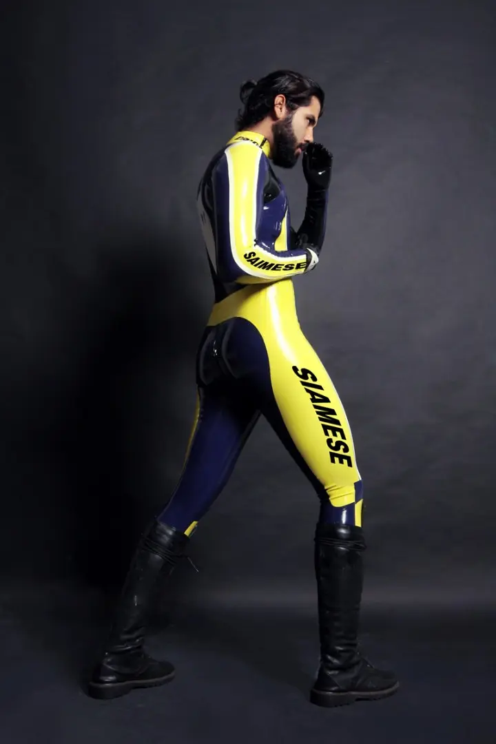 Latex Mens T-Age Moto Biker Rubber Catsuit Latex Mens T-Age Moto Biker Rubber Catsuit