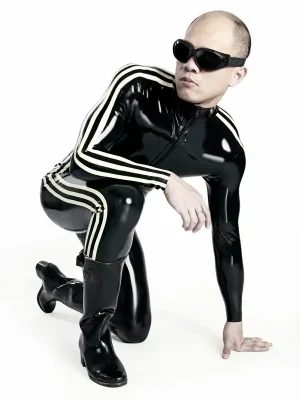 Latex Mens Triple Stripe Front Zipper Catsuit Latex Mens Triple Stripe Front Zipper Catsuit