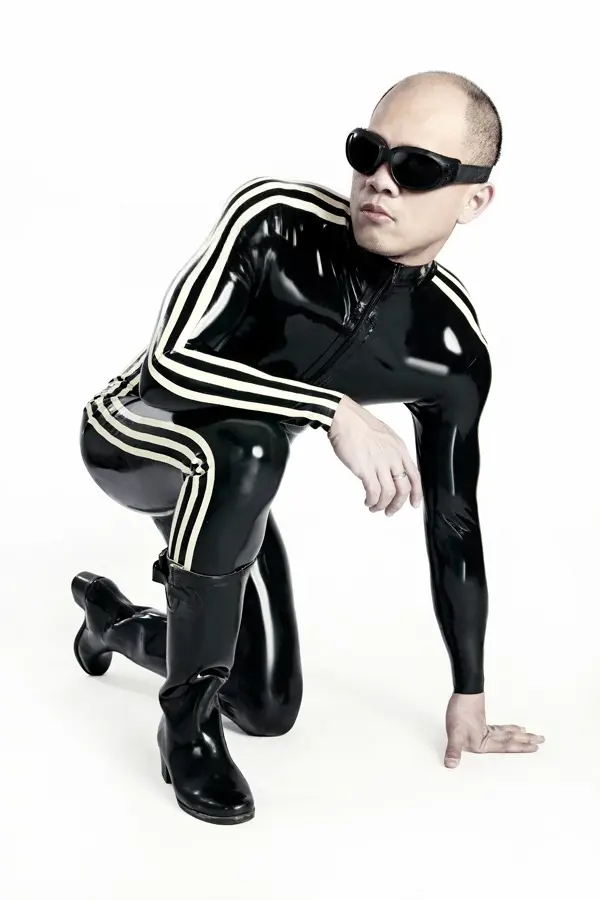 Latex Mens Triple Stripe Front Zipper Catsuit Latex Mens Triple Stripe Front Zipper Catsuit