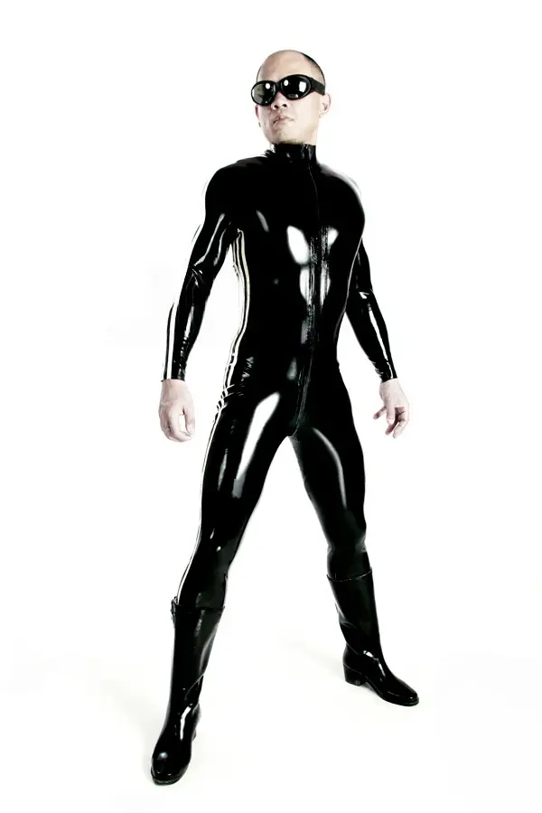 Latex Mens Triple Stripe Front Zipper Catsuit Latex Mens Triple Stripe Front Zipper Catsuit